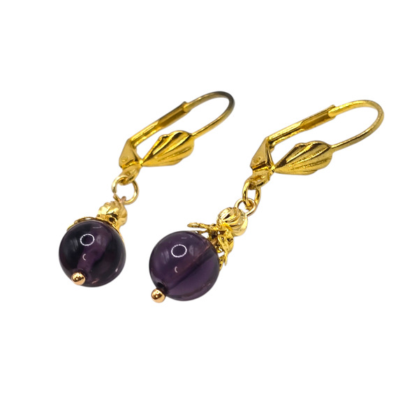 Amethyst Bead Pierced Earrings Dangle Drop Gold Tone Leverback 8mm SKU 2805 - Picture 2 of 8